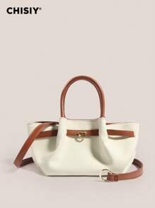 CHISIY Handmade Fashion White With Brown Minimalist Style Tote Bag, Suitable For Business, Casual, Shopping And School, Strap Decor, Metal Accessories, Shoulder Strap, Crossbody, Perfect For Daily, Party And Travel, Lightweight, Vintage Charm, Elegant Personalized, Versatile For Any Occasion, Showcasing Unique Fashion Taste