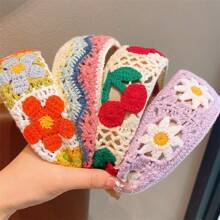 1pc Daisy & Cherry Knitted Wide-Brimmed Hair Hoop, Headband For Top Of Head Hair Styling, Adult Hair Accessory