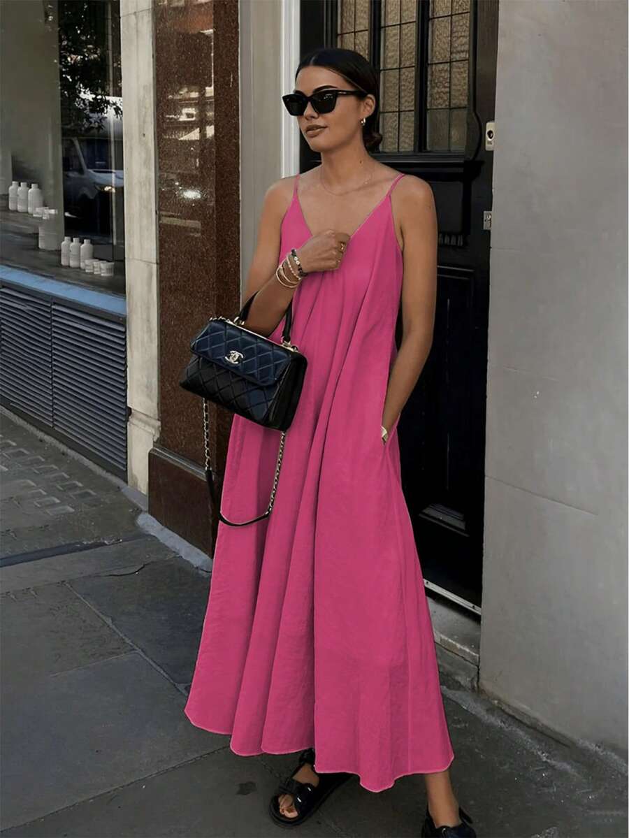 女士休闲优雅纯色细肩带简约别致连衣裙，适合夏季