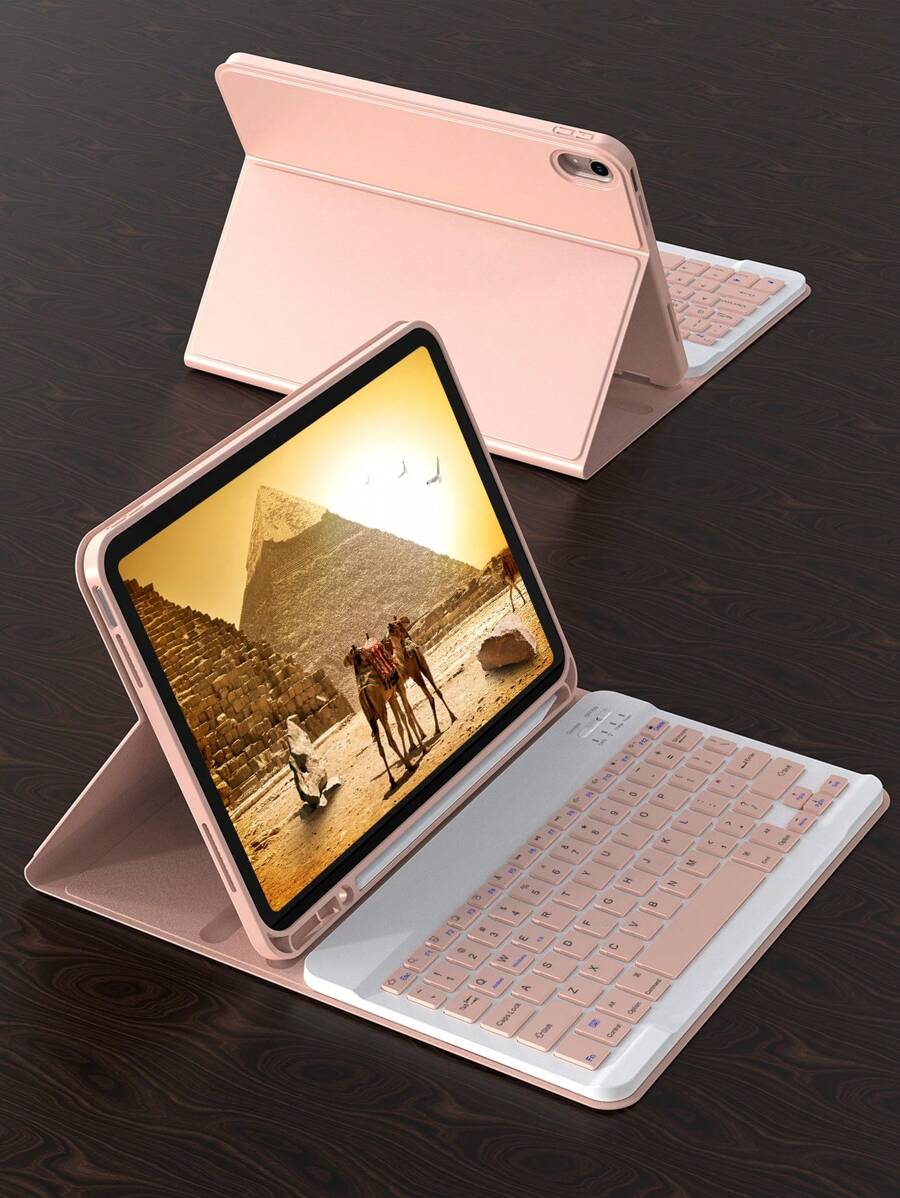 Funda con teclado compatible con iPad, teclado inalámbrico Bluetooth desmontable con batería de 150 mAh y soporte para lápiz compatible con iPad Air de 5ta generación 2022/Air de 4ta generación 2020/Air de 6ta generación 2024, de 9.7 pulgadas, 7/8/9na de 10.2", 10ma, color rosa