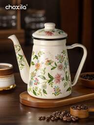 choxila 1pc Enamel Coffee Pot, Floral Pattern Pour-Over Kettle, 1.2L Large Capacity Coffee Pot, Handle Pot Coffee Pot Narrow Mouth Oil Pot Boiling Pot, Home Boiling Pot, Tea Pot,Suitable For Electric Stove Gas Brewing Coffee Or Tea Back To School