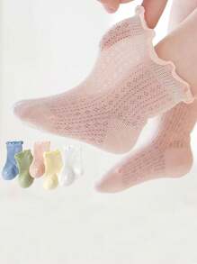 5 Pairs Infant Plain Color Lace Ruffle Short Socks, Suitable For All Seasons