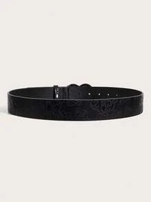 1pc Unisex Retro Buckle Patterned PU Leather Belt, Fashionable & Versatile For Everyday Wear Summer, School Fall, Autumn, Halloween - Black - View 4