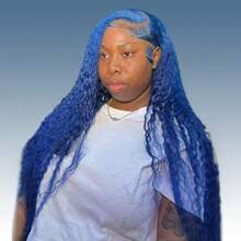 30 Inch Blue Human Hair Wig Blue Long Loose Curly 13x4 HD Lace Front Wigs Human Hair Pre Plucked Blue Wig Human Hair Color Blue Human Hair Lace Front Wigs 250% Density Frontal Wigs Human Hair - Blue - View 2