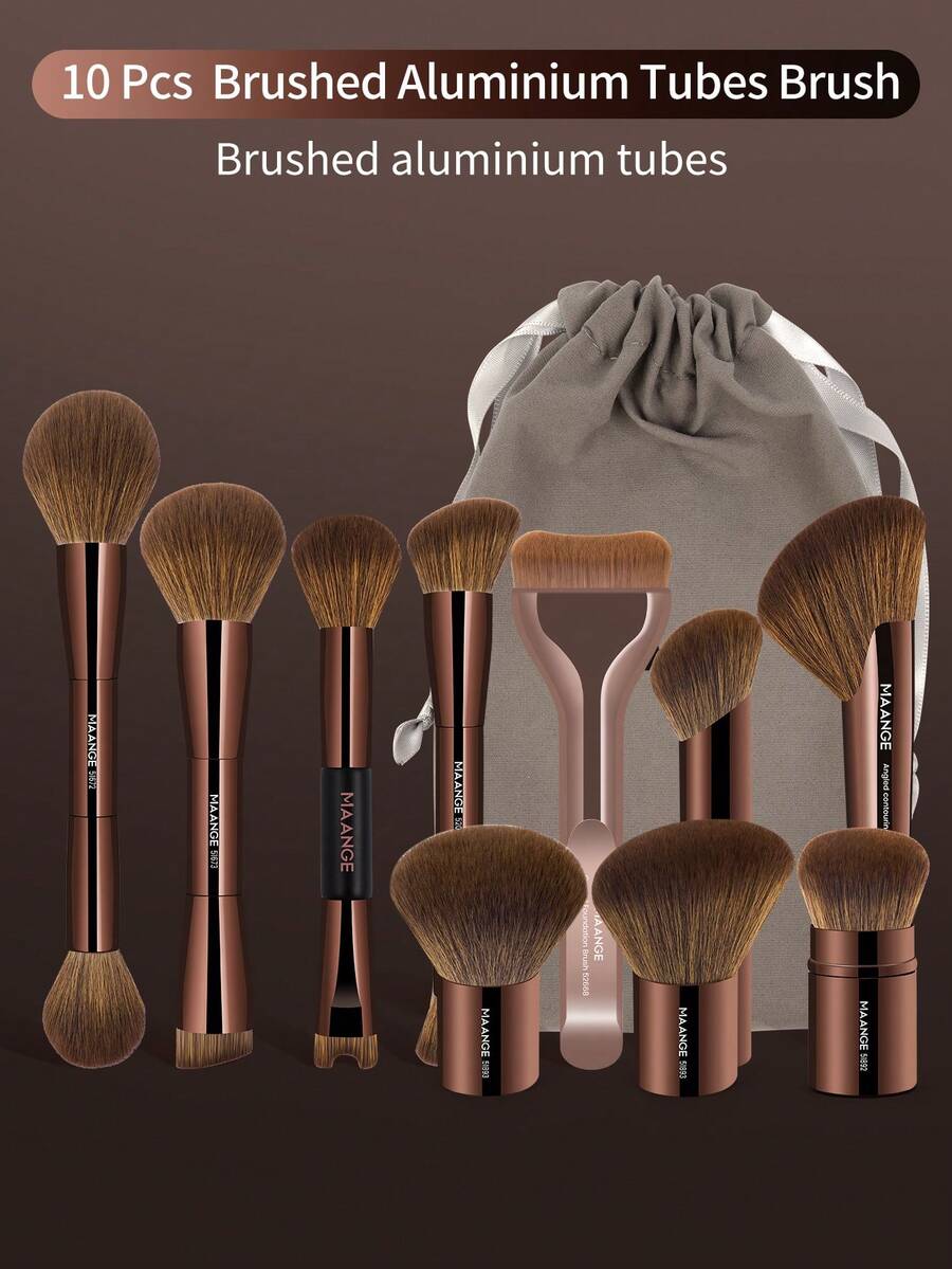MAANGE 10支装专业面部铝管化妆刷套装，含收纳袋，包括粉底刷、腮红刷、散粉刷、鼻影刷、定妆刷、高光刷、轮廓刷、遮瑕刷等。旅行化妆刷套装，送给女士和女孩的理想礼物。 - 巧克力棕 - 查看 1