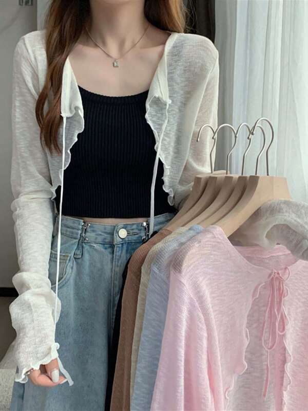 Summer Women Sunscreen Cardigan Ruffle Design Sunscreen Clothing Slim Korean Style Long Sleeve Short Coat