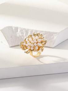 1pc Fashionable Adjustable Exaggerated Pearl & Rhinestone Flower Ring - WR1128 White - View 2