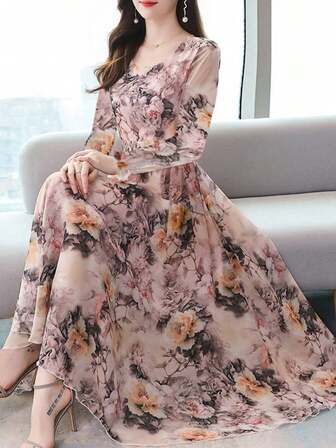 女印花长袖连衣裙，收腰显瘦气质长裙，优雅碎花雪纺裙，女装