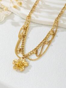 1pc Summer Vacation Style Striped Tassel & Golden Flower Pendant Multilayer Necklace, Gentle & Suitable For Women To Wear On Dates, Evening Parties, Weddings