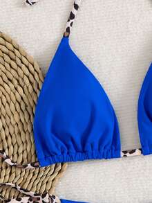 2pcs Women Minimalist Sexy Halter Tie Leopard Print Bikini Swimsuit - Royal Blue - View 4