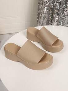 女士平底一脚蹬凉鞋，平底轻便休闲舒适夏季一脚蹬拖鞋，弹力布方头鞋，纯色沙滩拖鞋，复古厚底拖鞋 - 杏色 - 查看 7