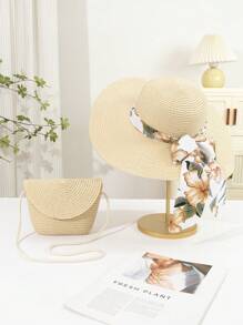 Set de 2 piezas - Sombrero de sol con lazo de cinta y estampado floral y bolso de hombro de paja, adecuado para vacaciones, color caqui
