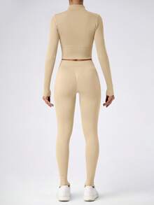 NcmRyu 1pc  Solid Color Women S High Waist Yoga Pants Medium Stretch Long Length Elastic Waist Skinny Fit Knit Fabric With Elastic Waist For All Seasons Sports Leggings  Comfortable Activewear For Fitness Gym Running And Outdoor Activities - 米色 - 查看 6