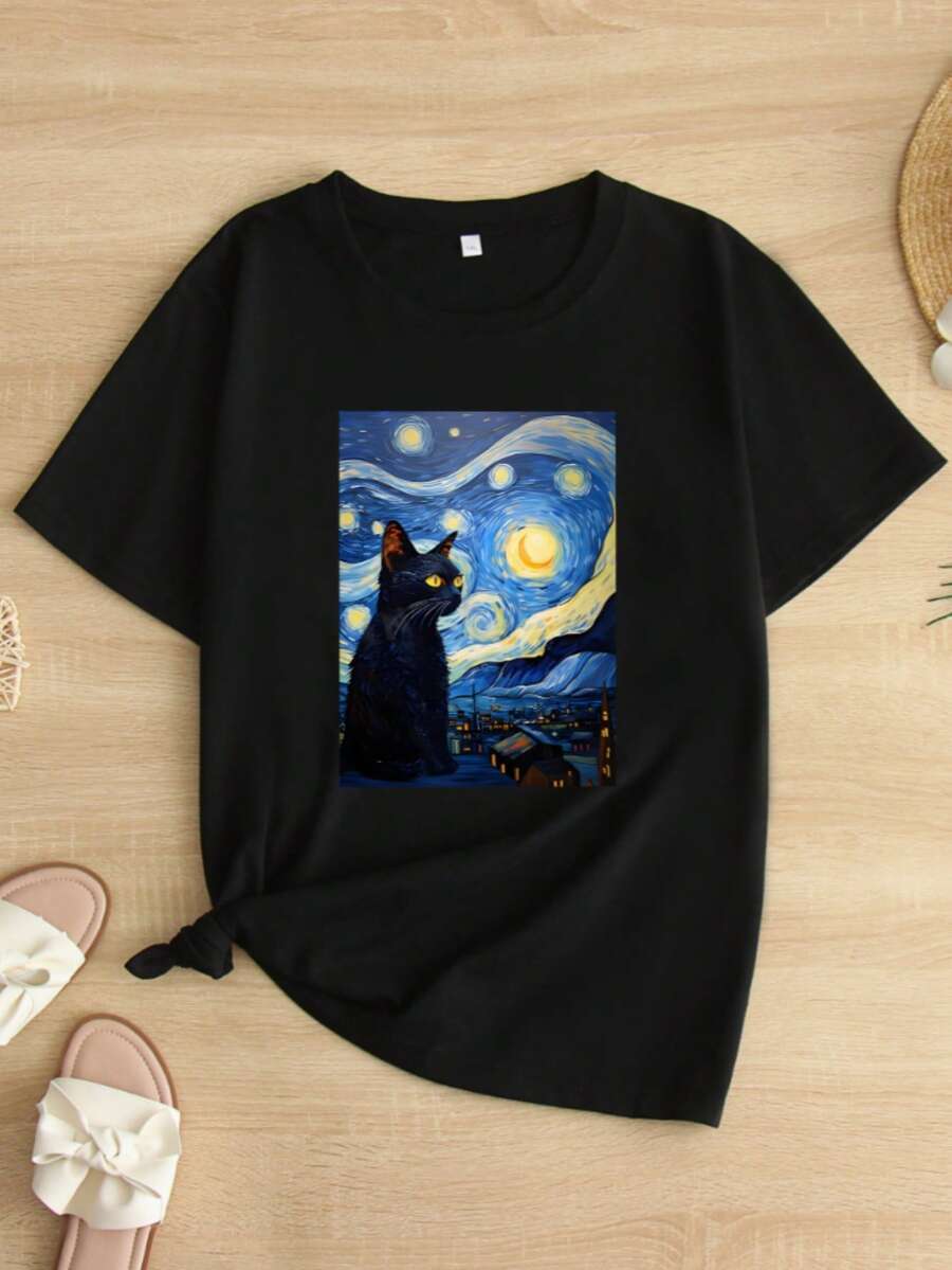 Mujer002 Loose Short Sleeve  Printed Women's T-Shirt | Starry Night Cat Print | Black | Machine Washable | Sport Round Neck Casual Top | Loose Comfortable Fashion | Unisex Holiday Gift | Home Wear | Spring and Summer Wear | Suitable for All Seasons | Breathable and Sweat-Absorbent for Sports Running and Hiking | Women's Clothing