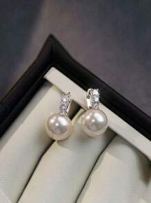 1 Pair Delicate French Style Rhinestone & Pearl Decorated Earrings, Elegant Luxury Small Brand Design Earrings