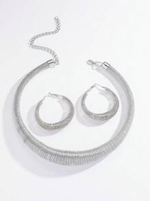 3 Stücke minimalistisches Silber Metall Chunky Halsketten und Ohrring Schmuckset