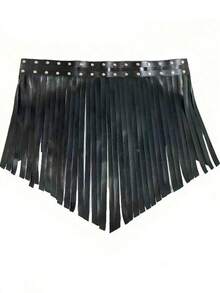 1件装 时尚黑色皮革流苏半身裙 | 圣诞派对夜生活日常穿着女裙 - 黑色 - 查看 6