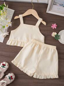 2pcs Young Girl Summer Outfit Set 2025 - Floral Print Camisole & Ruffle Hem Shorts