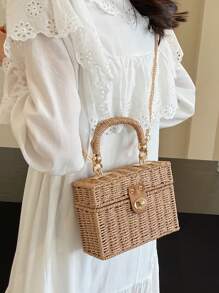 Borsa da vacanza con motivo quadrato minimalista alla moda, borsa quadrata retrò piccola, nuova borsa intrecciata casual e alla moda, borsa a spalla, borsa a tracolla, borsa a mano