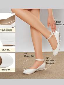 Women's Flats Round Toe V-Shaped Mouth Comfort Daily Casual Commut Low Wedge Ankle Strap Adjustable Buckle Flats Shoes For Valentine's Day - 白色 - 查看 4