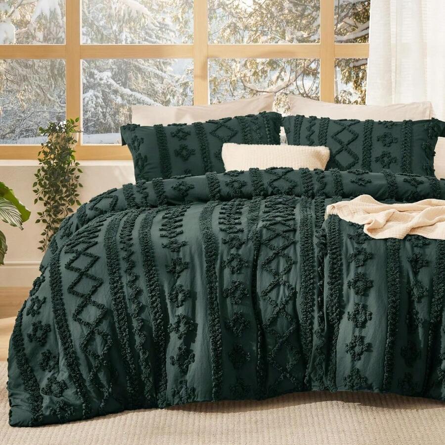 Luxurious Tufted Boho Comforter Set Queen Size - Premium Beige Bedding Ensemble With 3-Piece Shabby Chic Embroidery, Ideal Gifts For Women, Soft Jacquard Queen Comforter For All Seasons - 15 - 翡翠綠 - 優雅 - 查看 1