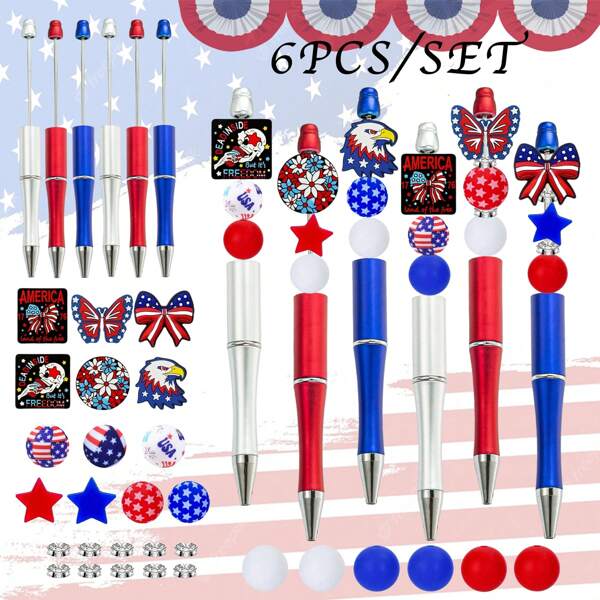 6pcs Patriotic Eagle, Bow, Star Themed Beaded Pen And Silicone Bead Set, Creative Office, Learning Supplies And Gift For Patriots, Veterans, DIY Beading, School Supplies,Back To School