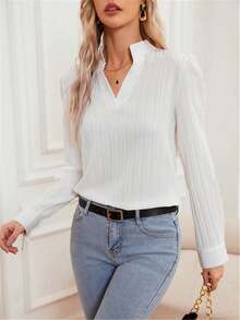 Elegant & Minimalist Striped Long Sleeve V-Neck Shirt - White - View 4