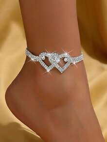 1pc Double Heart Rhinestone Bracelet & Anklet, Beach Ankle Jewelry - Multicolor - View 7