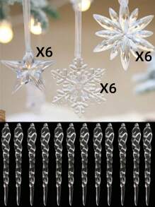 30pcs/18pcs/12pcs Transparent Crystal Pendants Christmas Tree Ornaments, 9pcs Acrylic Snowflake And Star Icicle Hanging Decor, 3pcs Hexagon Snowflake String Christmas And New Year Party Decorations, Suitable For Indoor And Outdoor Scenes, Party Decoration