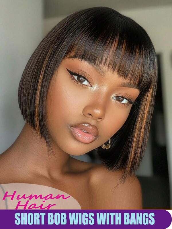 Human Hair Bob Wig With Bangs Straight Remy Hair Pixie Cut Wigs For Women Daily Use Glueless Non Lace Wig Wear And Go Full Machine Made Wig Natural Black Color Mixed Golden