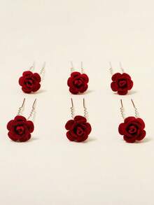 6件装女士植绒玫瑰花发叉复古简约花卉发夹