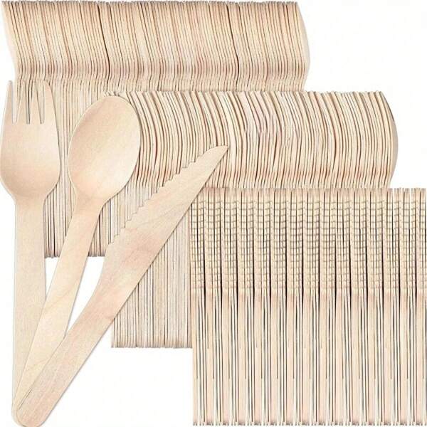 7/12/25/50/100pcs High Quality Wooden Knife Fork Spoon Cutlery Set, Salad Forks & Spoons, Ice Cream Spoons, Cake Forks, Salad & Dessert Forks, Suitable For Festivals, Parties, Weddings, Home Decor, Kitchen, Christmas Gifts
