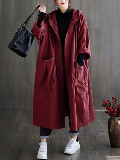 Abrigo largo de gabardina holgado y oversize para mujer, de otoño/invierno, con botones delanteros, bolsillos grandes, capucha, casual y versátil