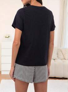 Set de 2 piezas de pijama informal de verano para mujer con estampado de letras, manga corta y pantalones cortos sueltos