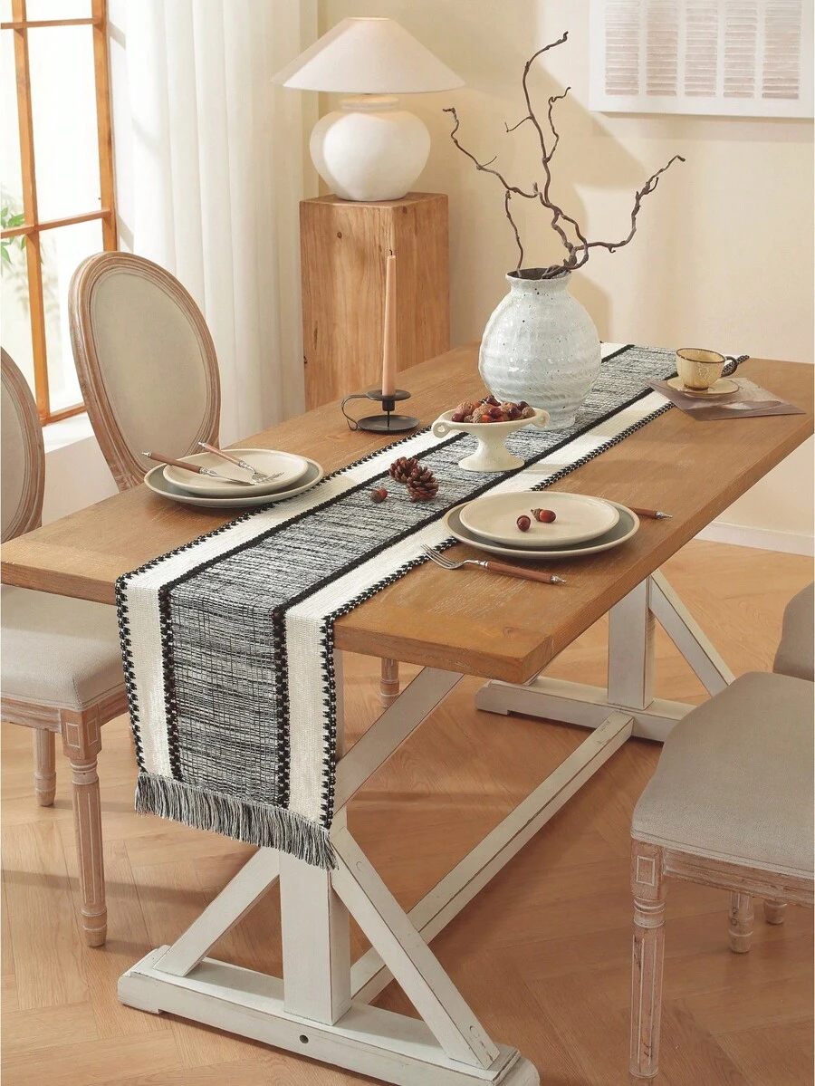 1 件黑白流苏装饰桌旗，适合家庭、餐厅、卧室波西米亚风格装饰 - 黑與白 - 查看 1