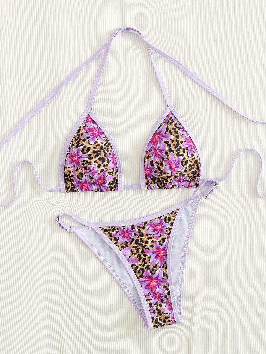 Spring Break Women's Random Print Spaghetti Strap Sexy Bikini Swimwear Sets, Summer Outfits - Violet Purple - View 1