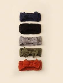 5pcs Soft & Skin-Friendly Solid Color/Stripe Print Cute Bow Baby Headbands, Spring/Autumn - Multicolor - View 9