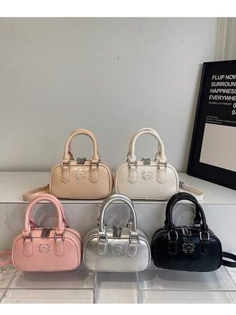 1 件女孩纯色可爱女孩印花 PU 手提包，拉链开合简约百搭女孩斜挎包，适合日常或节日使用