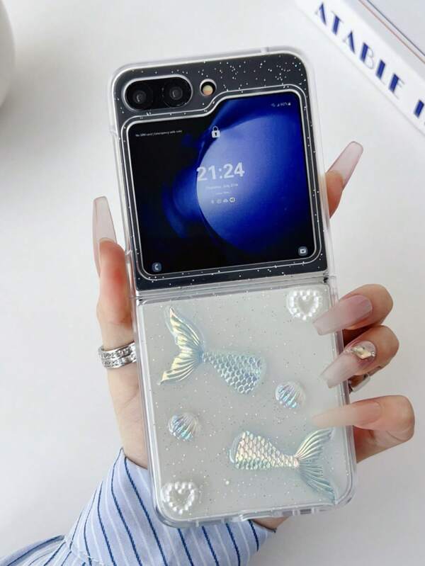 Ocean Epoxy Shiny Fish Tail Phone Case For Z Flip6/5 Foldable Phones, MIX Flip, Oppo Find N3 Flip, P50 Pocket
