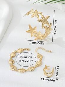 Conjunto de 3 peças de pulseira de estrela do mar dourada martelada, anel, conjunto de joias de pulseira de concha, estilo elegante de férias no oceano, versátil para festas, encontros e feriados