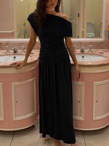 女士纯色斜领褶皱长连衣裙，修身显瘦，优雅性感派对礼服 - 黑色 - 查看 8