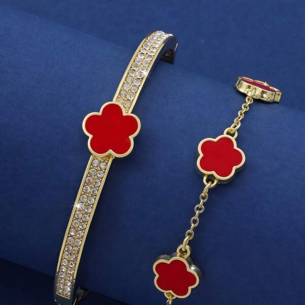 2 Elegant High-End Five Petal Flower Imitation Diamond Inlaid Bracelets, Light Luxury And Simple Flower Jewelry