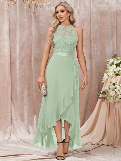 MIUSOL Floral Lace Halter Neck Ruffle Trim Evening Party Long Dress