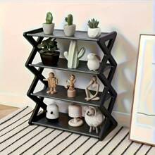 1pc Space-Saving Stackable & Foldable Plastic Shoe Rack, 4-Tier, For Entryway, Hallway, Bedroom And Dorm, Black X Design, No Assembly Required