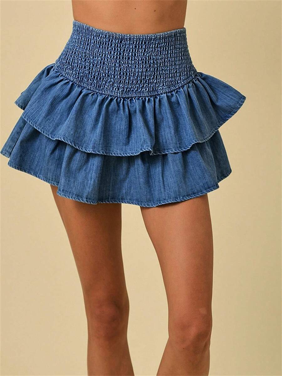 Women's Tiered Ruffled Denim Skirt Solid Color High Rise Mini A Line Jean Skirt Streetwear - Blue - View 1