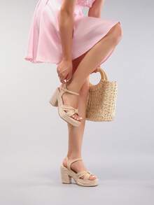 绳编厚底凉鞋，扭结露趾，高跟鞋，防水厚底拖鞋，夏季度假休闲鞋，女士日常时尚鞋，旅行必备 - 杏色 - 查看 6