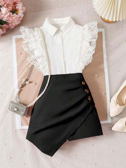 2pcs Set: Elegant Ruffle Splice Sleeveless Blouse & Asymmetrical Skort For Tween Girls, Spring/Summer