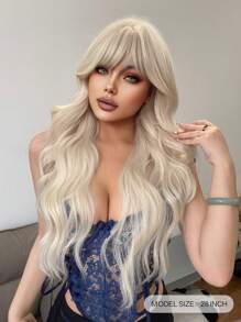 1-Piece Synthetic Heat Resistant Long Curly Wavy Hair With Bangs Wig Golden 28 Inch Fully Machine Woven Daily Natural Realistic Wig