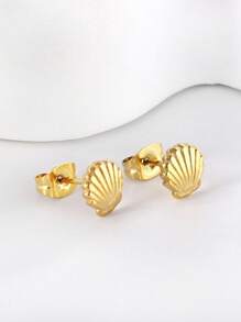 1 par de aretes con diseño de conchas simples de moda, de acero inoxidable en color dorado/plateado, para mujer y niña, a juego con el diario, resistentes a las alergias