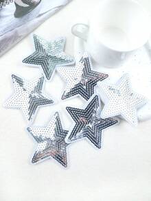 6pcs Silver Glitter Star Shaped Cartoon Style Embroidered Sew-On Patches, DIY Crafts Suitable For Clothes, Shoes, Hats, Bags - Silver - View 5